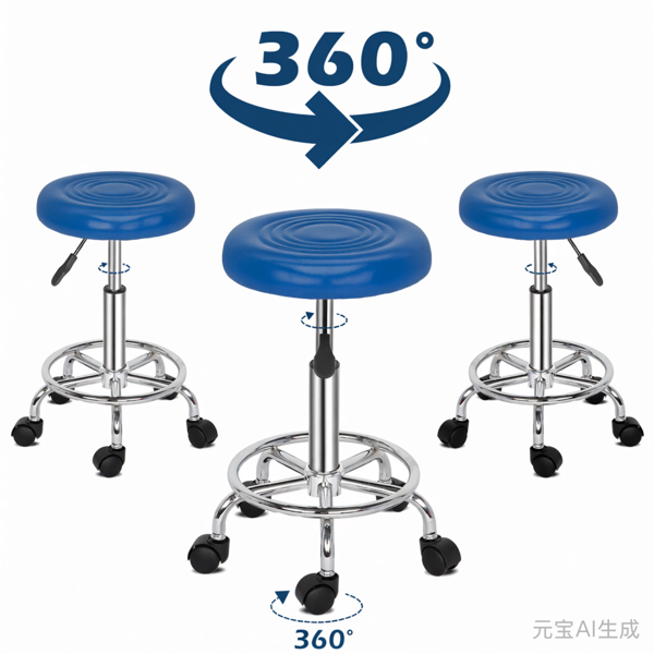 半PU皮 SGS认证气杠 尼龙轮 150kg 蓝色 技师凳 圆形坐垫 哈哈脚-5
