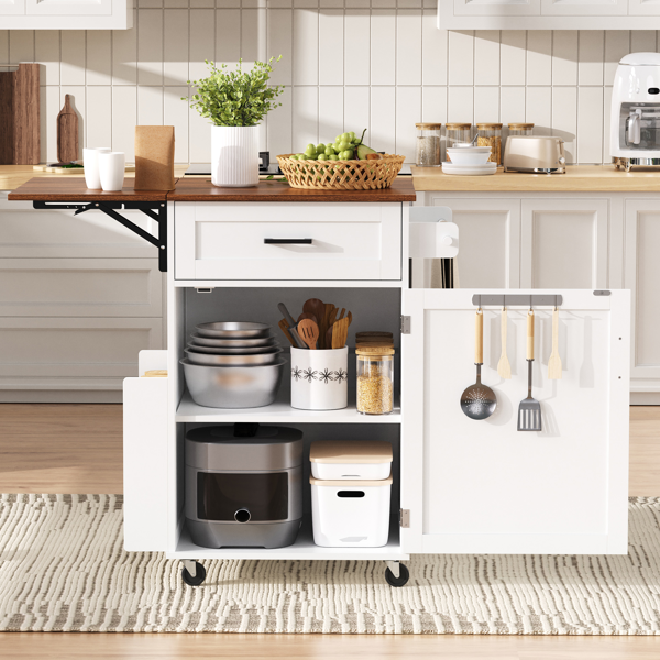 39.3英寸乡村风厨房岛台（带折叠延伸板）——厨房收纳岛车，配有侧边开放式置物架、抽屉、毛巾架及带锁滚轮；适用于厨房、庭院及花园，白色-3