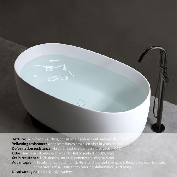 47英寸哑光人造石浴缸，独立式人造石树脂浴缸，哑光白色人造石浸泡浴缸，带溢流口和弹出式排水口的独立式浴缸-3