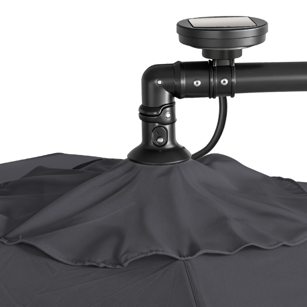 10FT  灰色 香蕉伞 圆形 太阳伞 涤纶布 6铁伞骨 铁直杆弯杆 带立柱脚筒 十字底座 带18灯珠-11