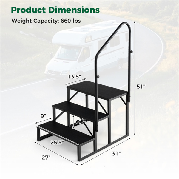带可调节扶手的重型三步RV踏步凳，可容纳660LBS的金属楼梯-3