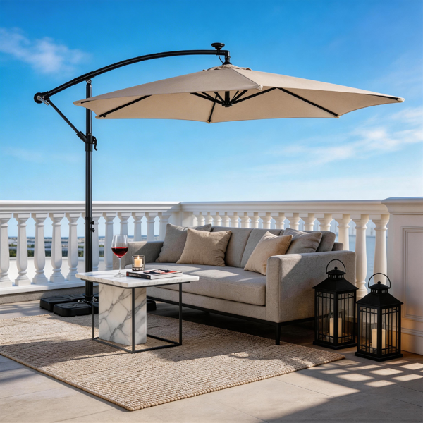 10FT 卡其色 香蕉伞 圆形 太阳伞 涤纶布 6铁伞骨 铁直杆弯杆 带立柱脚筒 十字底座 带18灯珠-32