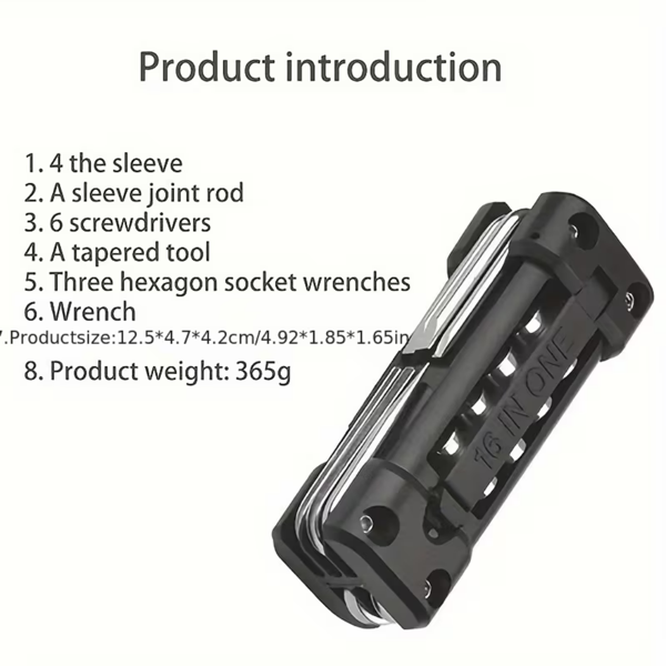 【专业级便携式】多功能不锈钢工具套件 16合1户外露营自行车摩托车维修套装 | 含套筒/螺丝刀/六角扳手 | 抗腐蚀高强度工具包-2
