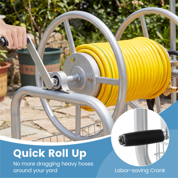 重型花园软管卷盘车，带10英寸气动轮，大容量软管卷取机，带储物篮和黄铜配件 -  银色-11