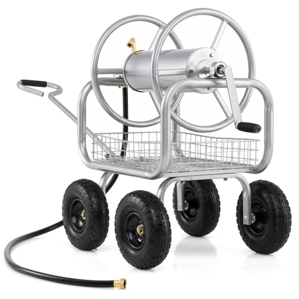 重型花园软管卷盘车，带10英寸气动轮，大容量软管卷取机，带储物篮和黄铜配件 -  银色-7