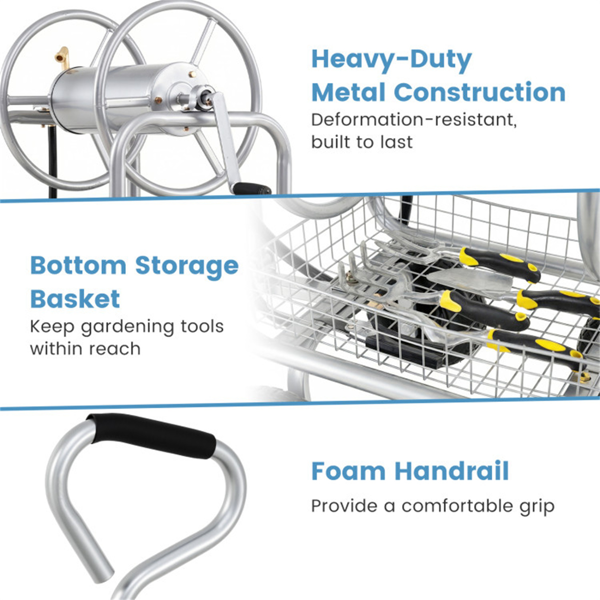重型花园软管卷盘车，带10英寸气动轮，大容量软管卷取机，带储物篮和黄铜配件 -  银色-8