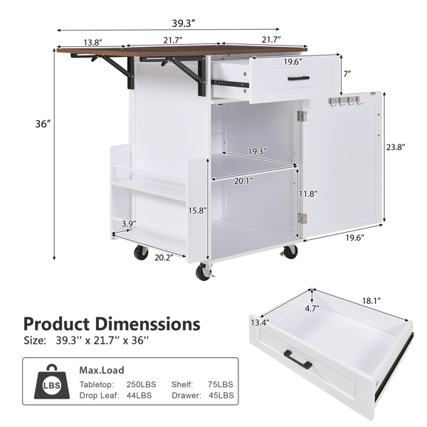 39.3英寸乡村风厨房岛台（带折叠延伸板）——厨房收纳岛车，配有侧边开放式置物架、抽屉、毛巾架及带锁滚轮；适用于厨房、庭院及花园，白色-8