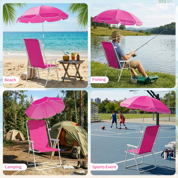 1pcs 座高15in XL 芭比粉 弹簧椅 铁沙滩椅 带伞 连体牛津布有横杆一档调节带伞弹簧铁沙滩椅15"-1 63*60*95cm 120kg-12