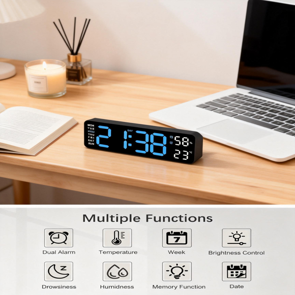 2026新款通用数字挂钟，大显示屏，LED灯，遥控器，倒计时，调光，夏令时，日期，星期，温度-6