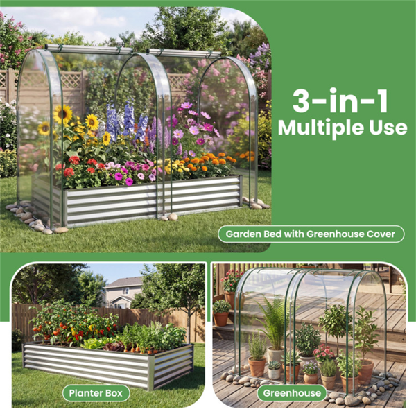 三合一高架花园床，带温室盖130加仑镀锌金属花盆箱 - 银色-7