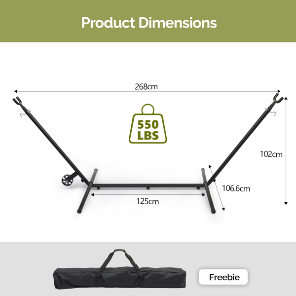268*107*102CM 带轮羊角架 吊床架 钢管 440lb 配600D牛津布收纳袋-3