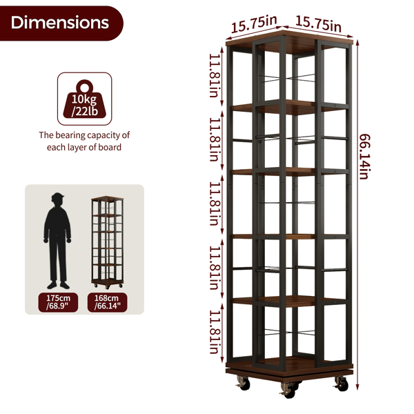 五层旋转书架，角落书柜，360°展示木质旋转书架，落地窄书架，乡村棕色--不支持self-pick up且不支持指定仓库发货-6