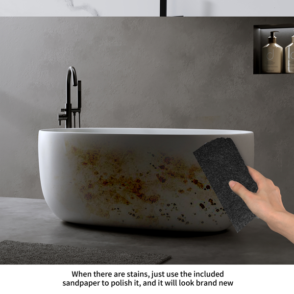 47英寸哑光人造石浴缸，独立式人造石树脂浴缸，哑光白色人造石浸泡浴缸，带溢流口和弹出式排水口的独立式浴缸-6