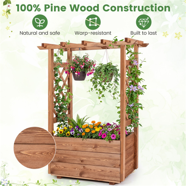 天然松木高架花园床，带格栅和悬挂屋顶，带排水的高架木制花盆箱- 橙色-9