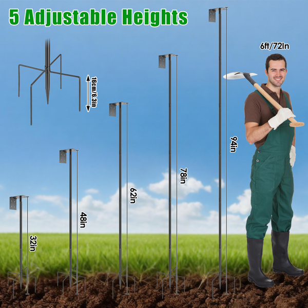 （自提可发加拿大，temu&tk下自提单）带松鼠防护装置的喂鸟架，五爪底座重型喂鸟架，32“-94” 可调节高度喂鸟站，配有4个牧羊钩，适用于户外花园庭院-12