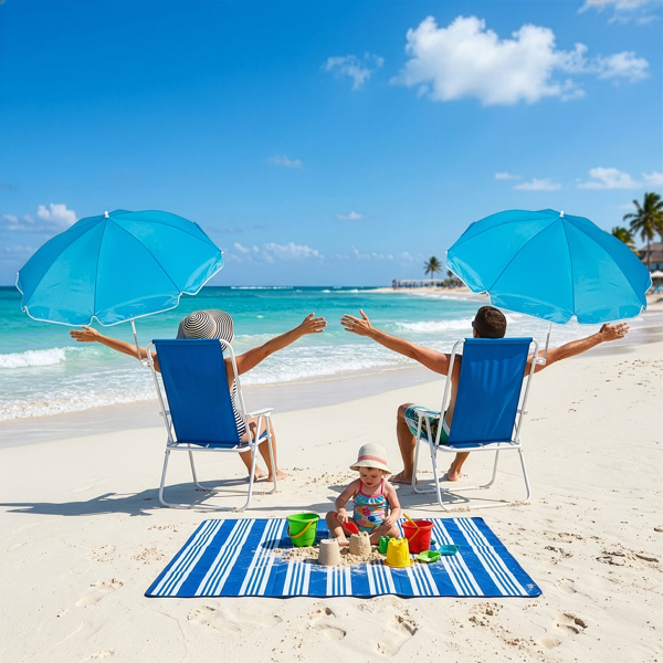 1pcs 座高15in XL  宝蓝色 铁沙滩椅 带伞 连体牛津布有横杆一档调节带伞弹簧铁沙滩椅15"-1 63*60*95cm 120kg-15