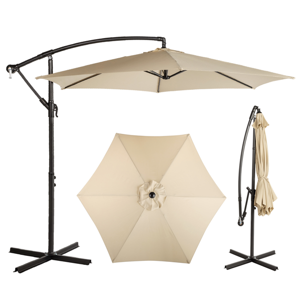 10FT 卡其色 香蕉伞 圆形  太阳伞 涤纶布 6铁伞骨 铁直杆弯杆 带立柱脚筒 十字底座-1