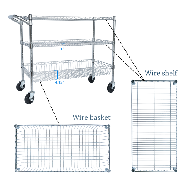 重型滚动式多用途推车，三层带轮推车，带把手和层板衬垫，36英寸x18英寸x32英寸储物推车，适用于厨房、餐厅、植物展示，镀铬--不支持self-pick up且不支持指定仓库发货-12