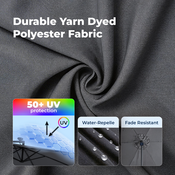 10FT  灰色 香蕉伞 圆形 太阳伞 涤纶布 6铁伞骨 铁直杆弯杆 带立柱脚筒 十字底座 带18灯珠-26