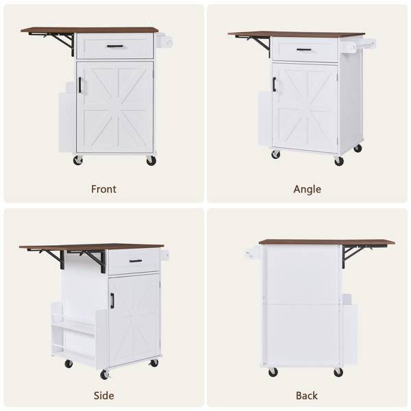 39.3英寸乡村风厨房岛台（带折叠延伸板）——厨房收纳岛车，配有侧边开放式置物架、抽屉、毛巾架及带锁滚轮；适用于厨房、庭院及花园，白色-6