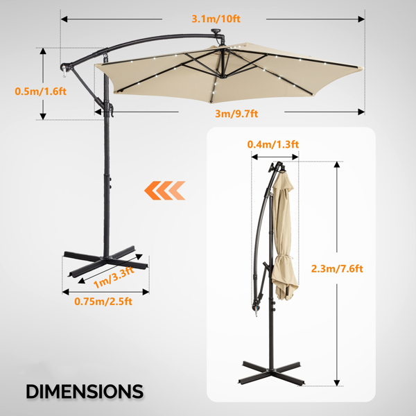 10FT 卡其色 香蕉伞 圆形 太阳伞 涤纶布 6铁伞骨 铁直杆弯杆 带立柱脚筒 十字底座 带18灯珠-17