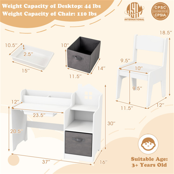 儿童桌椅套装，带储物抽屉，适用于游戏室卧室的房屋形书桌- 白色-4