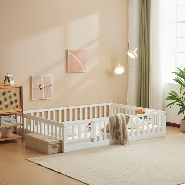 白色 油漆面 松木 围栏床 带门 带铺板 Full 儿童木床-9