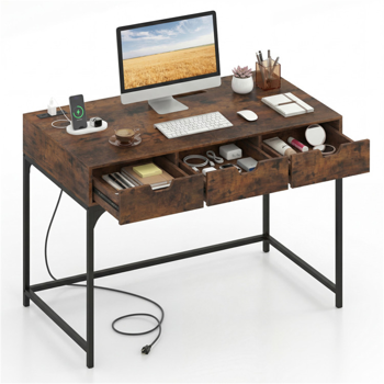 43.5英寸家庭办公桌，内置充电站和3个抽屉隐藏隔间 - 棕色