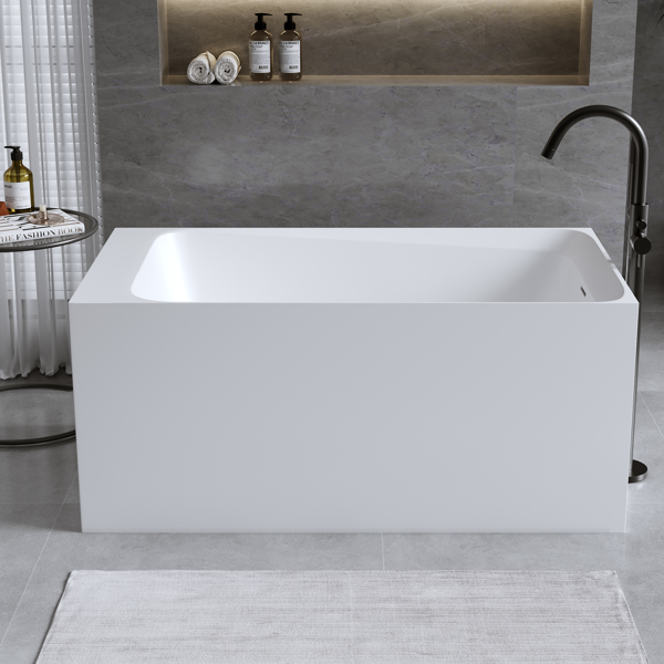 51英寸哑光人造石浴缸，独立式人造石树脂浴缸，哑光白色人造石浸泡浴缸，带溢流口和弹出式排水口的独立式浴缸，哑光白色-3