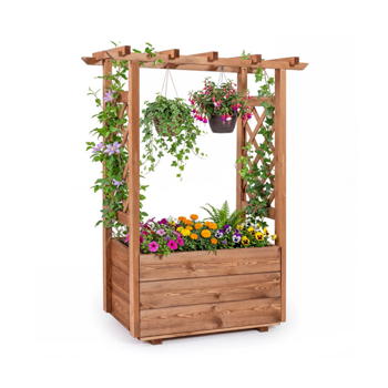 天然松木高架花园床，带格栅和悬挂屋顶，带排水的高架木制花盆箱- 橙色
