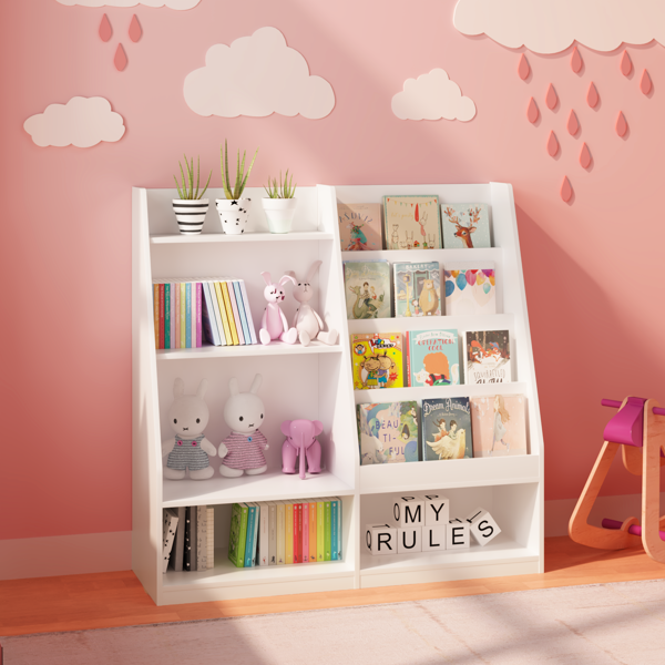儿童书架和玩具收纳整理架，多功能四层木制儿童书架，附书籍展示架，适用于儿童房、游戏室、托儿所，用于儿童、幼儿（白色）--不支持self-pick up且不支持指定仓库发货-3