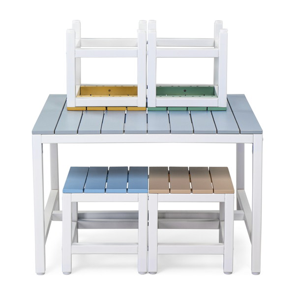 5pcs 1pc桌子+4pcs凳子 29.5in 蓝卡其浅橙蓝绿拼色 儿童庭院桌椅套装 杨木-3