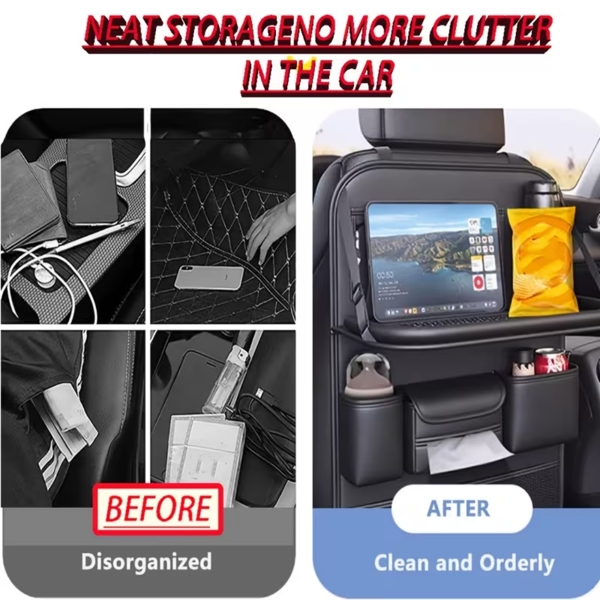 汽车后座收纳袋,带可折叠桌面托盘,带触摸屏手机支架的悬挂储物袋,优质 PU 皮革材料,与大多数车辆兼容,内部汽车配件-4