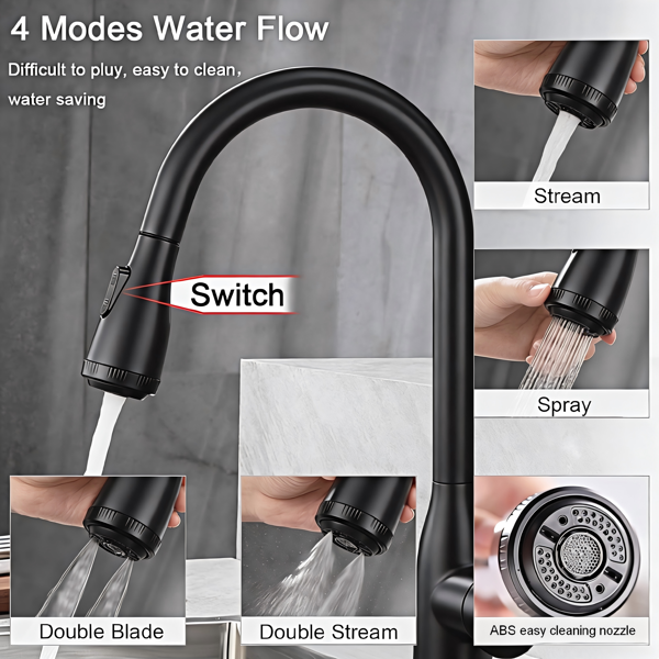 单柄高弧度哑黑厨房水槽拉出式水龙头，配备4种喷洒模式，单层不锈钢材质，带下拉式喷头【周末不发货，TK/TEMU订单仅支持自提】-3