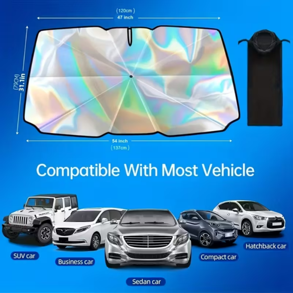 2025升级版美标多用途彩虹遮阳伞汽车挡风玻璃遮阳 - 防紫外线、防热、防刮手柄，10层材质，可折叠遮阳板，55X31.5英寸 - 适用于大多数车辆-3