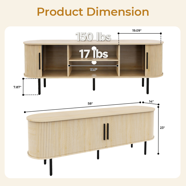 橡木色 浮雕 刨花板 椭圆台面 147*35*58cm 推拉格栅门 电视柜-11