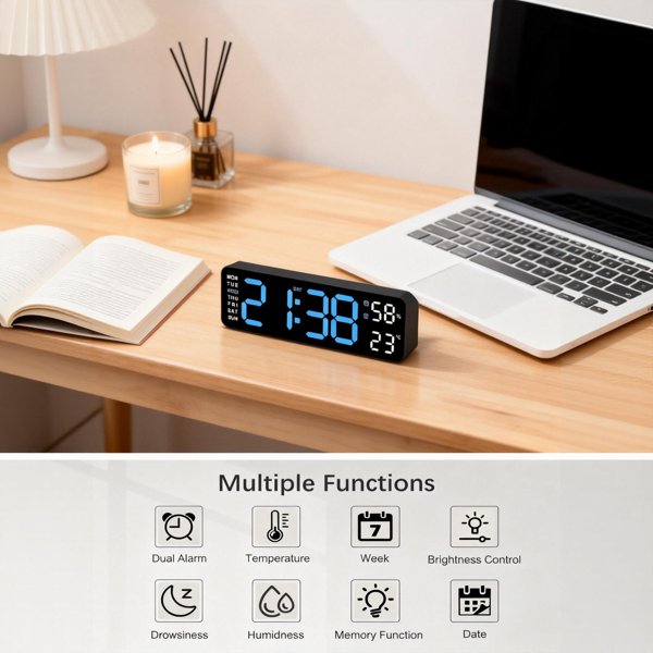 2026新款通用数字挂钟，大显示屏，LED灯，遥控器，倒计时，调光，夏令时，日期，星期，温度-12