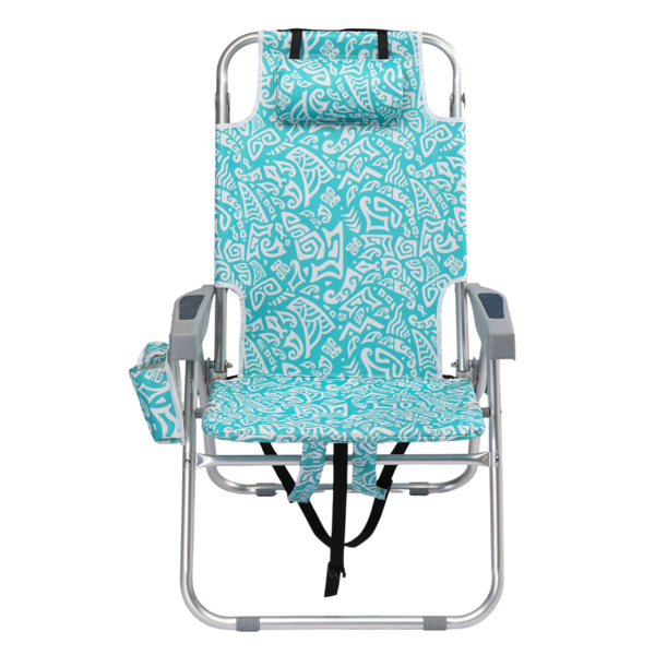 1pcs 座高15in 青色部落花纹 可平躺 铝沙滩椅 带头枕 双肩带 二合一布杯托侧袋 背部冰包 连体牛津布有横杆五档调节可平躺铝沙滩椅15"-1 63*109*102cm 120kg-3