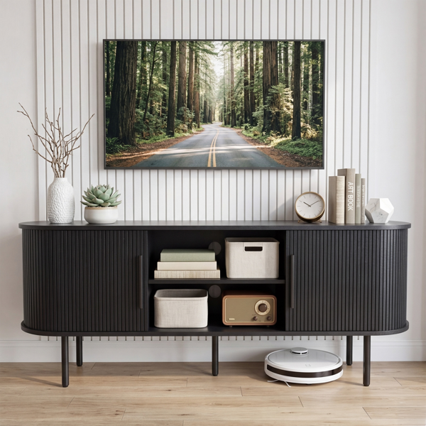 黑色 浮雕 刨花板 椭圆台面 147*35*58cm 推拉格栅门 电视柜-1