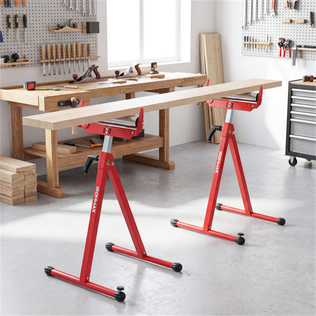 2-Pack Heavy Duty Metal Folding Roller Stand with Edge Guides Portable Woodworking Support view 2