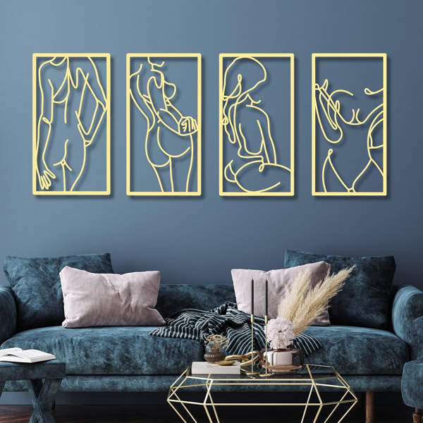 CIFbuy 4 件金属墙饰装饰极简抽象女性墙饰线条画金属线条艺术家居挂饰装饰适用于卧室厨房浴室客厅（现代风格，金色）（TikTok，temu 自提服务）-6