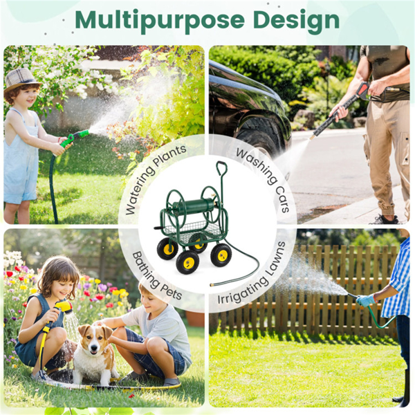 重型花园软管卷盘车，带10英寸气动轮，大容量软管卷取机，带储物篮和黄铜配件 -  绿色-9