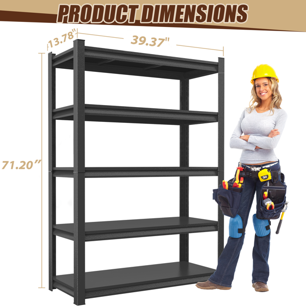 五层金属储物架，工业用多功能架，可调节高度书架，适用于客厅、办公室、车库、超市、健身房，71.20 英寸高 x 39.37 英寸宽 13.78 英寸深，黑色，需组装-2