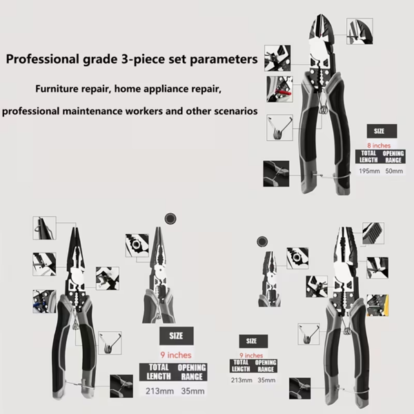 ，五合一多功能钳子套装，工业级带PVC手柄，专业手动工具，自动剥线器和切割器 - 金属-3