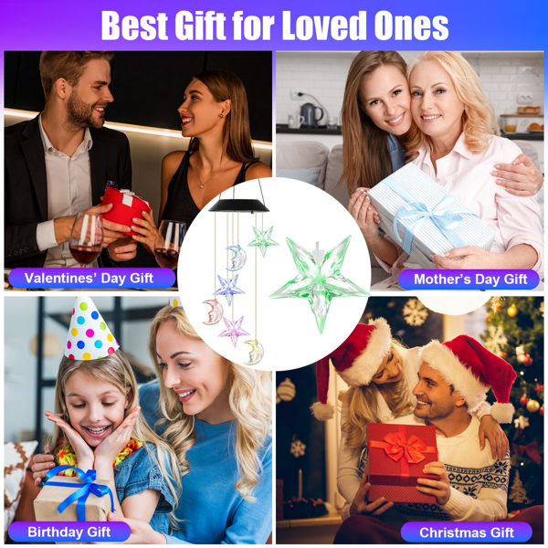 （自提可发加拿大，temu&tk下自提单）户外太阳能风铃，月亮与星星变色LED灯，适用于露台、花园和庭院的防水悬挂装饰，完美礼物-2PCS-4