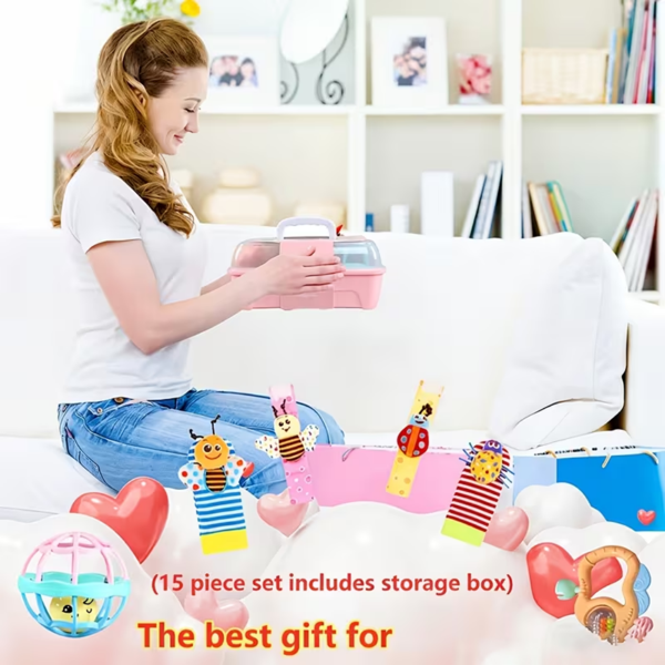 婴儿摇铃与牙胶套装——0-6个月宝宝玩具，3-6个月出牙期玩具，触感柔软、声音轻柔、易抓握的感官玩具，中性新生儿礼物-1