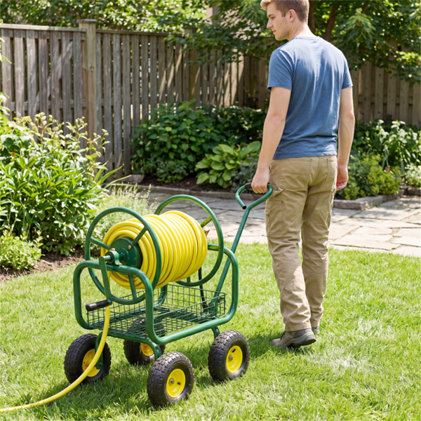 重型花园软管卷盘车，带10英寸气动轮，大容量软管卷取机，带储物篮和黄铜配件 -  绿色-11