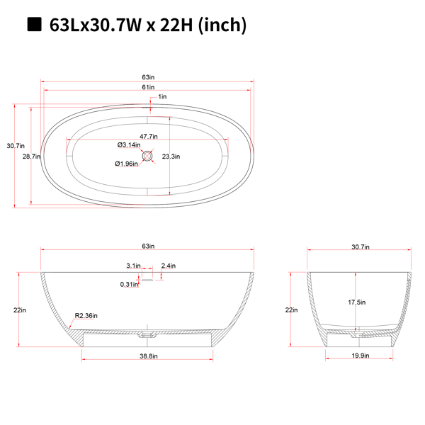 63英寸哑光人造石浴缸，独立式人造石树脂浴缸，哑光白色人造石浸泡浴缸，带溢流口和弹出式排水口的独立式浴缸-7