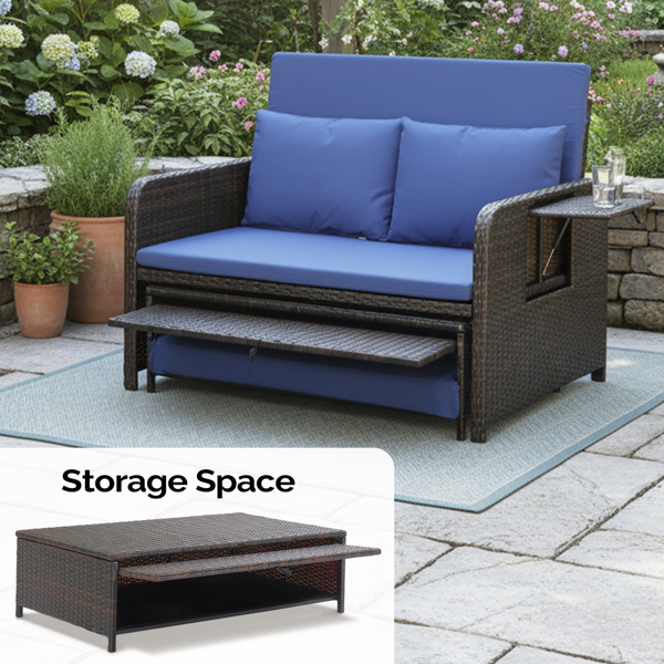 情人椅+储物脚凳 靠背可调节  带杯托 棕色渐变藤条 蓝色垫子 编藤躺床-10