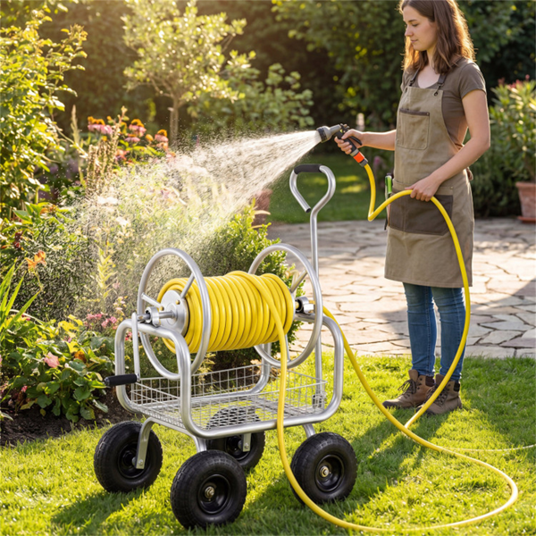 重型花园软管卷盘车，带10英寸气动轮，大容量软管卷取机，带储物篮和黄铜配件 -  银色-2